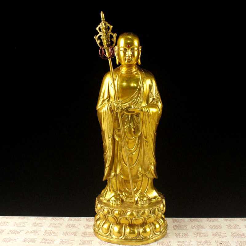 纯黄铜地藏王佛像摆件高28公分许大愿佛站立地藏王菩萨