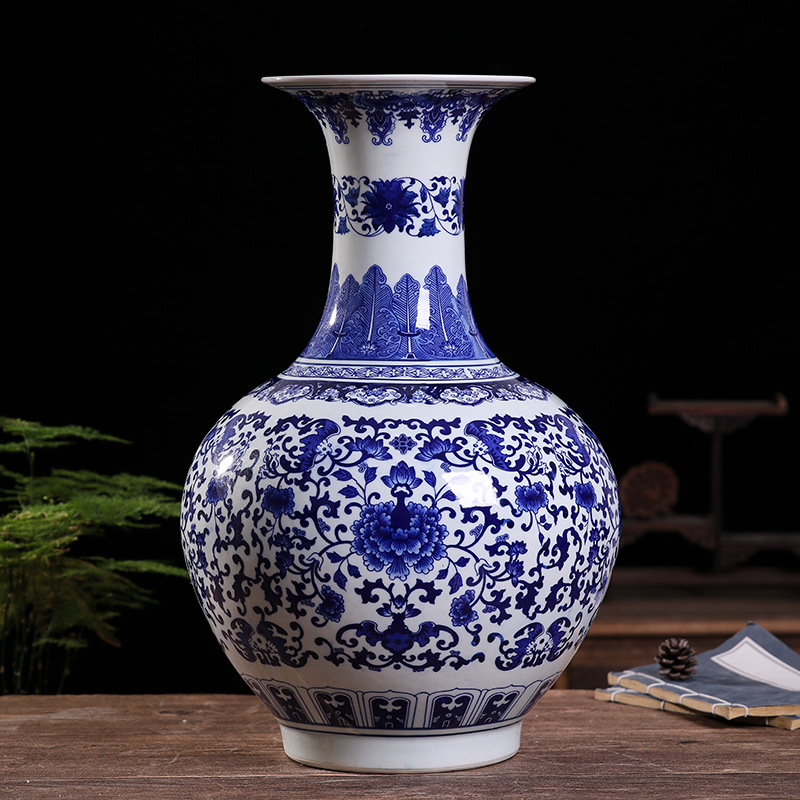 陶瓷手绘青花花瓶景德镇中式缠枝莲大花瓶酒店客厅中式摆件工艺品