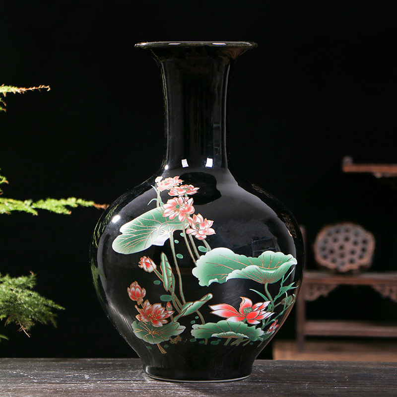 中式陶瓷水晶釉黑底荷花瓶 景德镇瓷器办公客厅摆件工艺品礼品