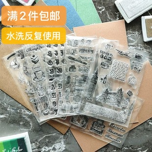 透明硅胶印章复古字母数字植物标签相册贺卡手帐装饰亚克力手柄