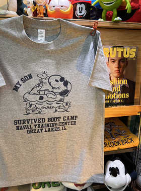 美式复古 vintage 史努比 220克小领口麻灰色纯棉男女情侣T恤