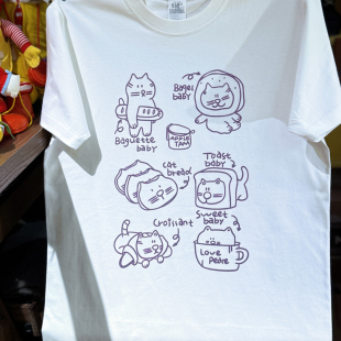 短袖 美式 小领口宽松休闲纯棉男女款 可爱趣味小猫饼 复古vintage