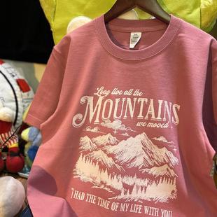 纯棉265克重磅圆领情侣T恤短袖 美式 桃粉三景图 vintage 做旧 复古