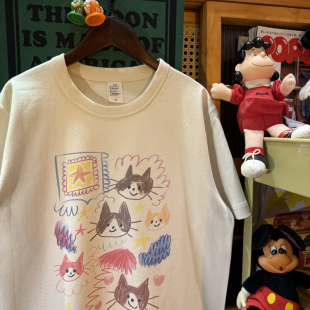 纯棉265克重磅圆领情侣T恤短袖 美式 卡通可爱小猫咪 vintage 复古