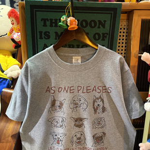 小领口宽松休闲纯棉男女短袖 趣味搞怪狗狗头像 复古vintage 美式