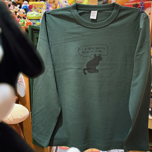 重磅磨毛圆领情侣T恤长袖 美式 趣味小猫咪 vintage 可爱 复古