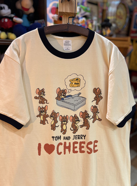 美式复古vintage tom and jerry 小领口宽松休闲纯棉男女款短袖T