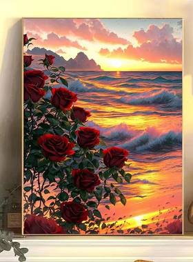 diy数字油画玫瑰手工填色油彩画治愈简单花卉客厅装饰画挂画礼物
