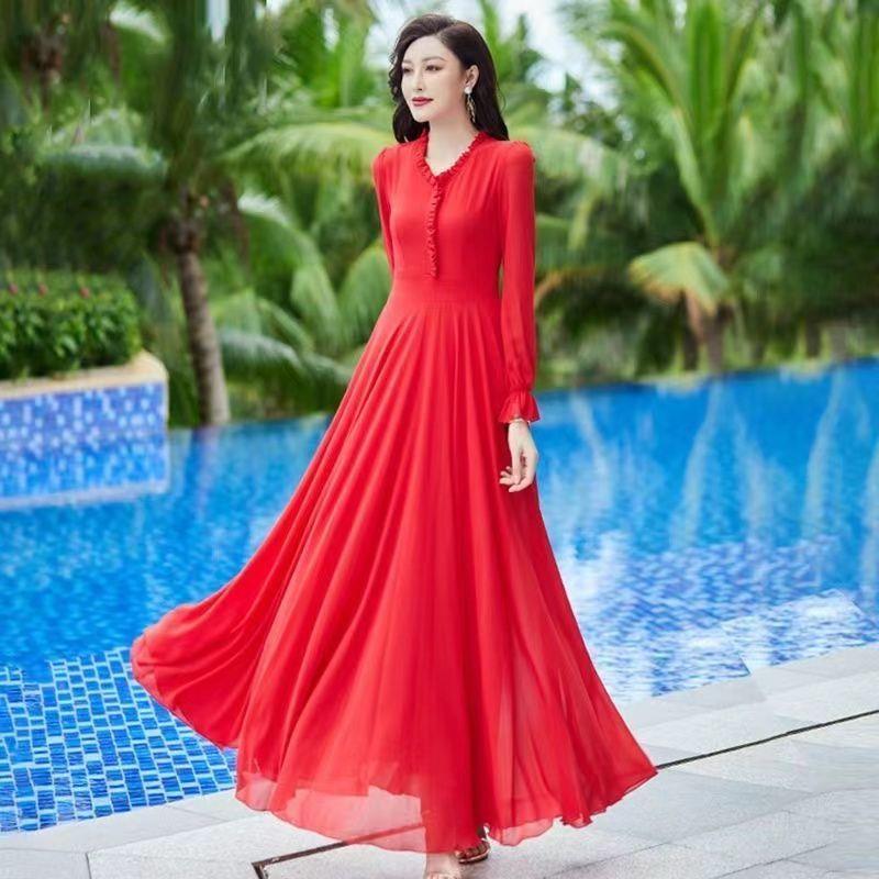 雪纺长袖连衣裙女春季2025新款红色显瘦气质长裙子修身收腰沙滩裙