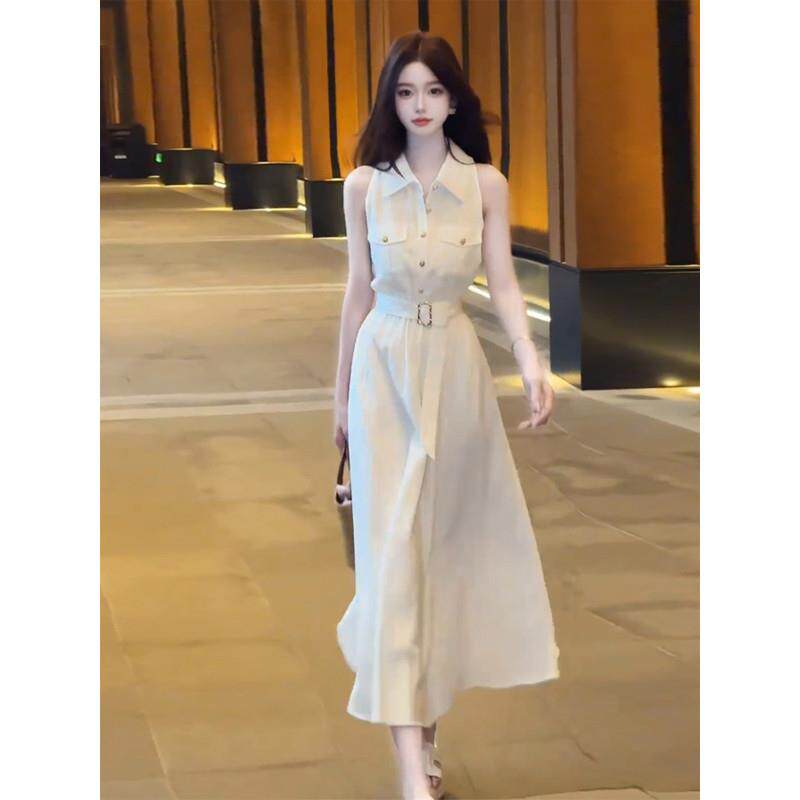 白色高级感无袖背心洋装子女装夏季2025新款法式气质御姐风长裙