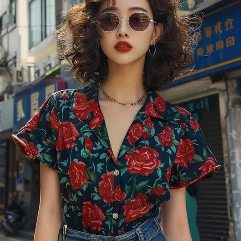复古港风玫瑰印花衬衫时尚欧货文衬衫