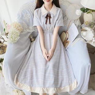 小清新学院风雪纺连衣裙女2025夏季新款学生少女格子收腰森系裙子