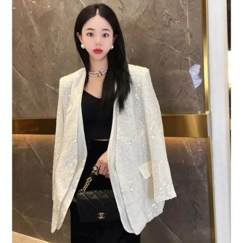 欧货重工闪闪亮片V领白色西装外套女春季2025新款高级感气质西服