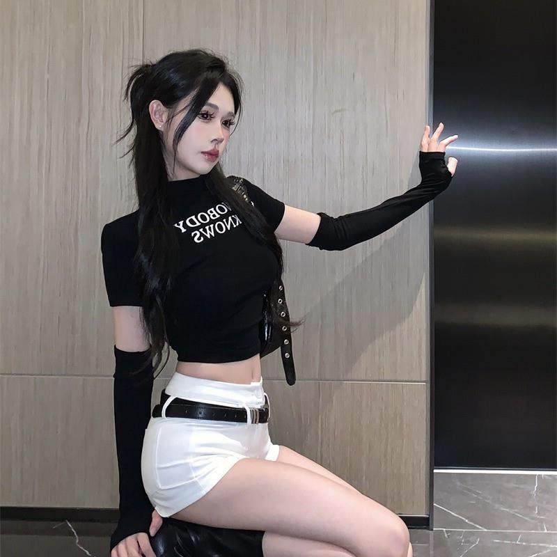 甜辣妹半高领紧身短款上衣女秋季纯欲袖套百搭显瘦长袖T恤打底衫
