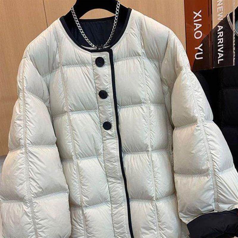 网红同款圆领棉服2026撞色新款单排扣宽松日常休闲短款棉衣上衣