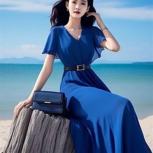 时尚正式场合精致收腰长裙高级感绝美气质蓝色v领连衣裙子女夏季