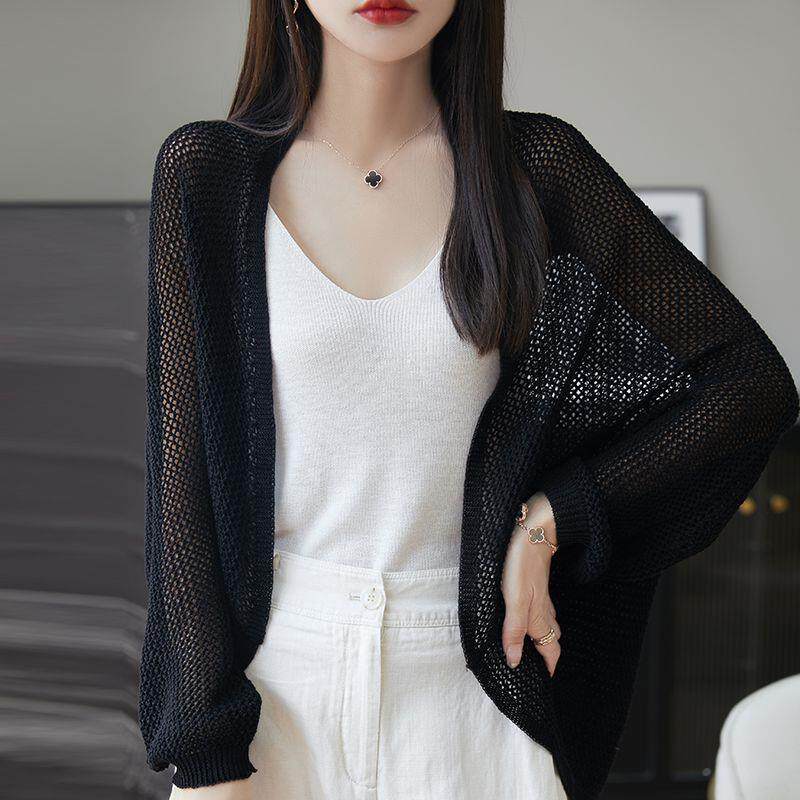 莱赛尔天丝亚麻v领镂空针织开衫女外套长袖外搭上衣空调防晒薄款