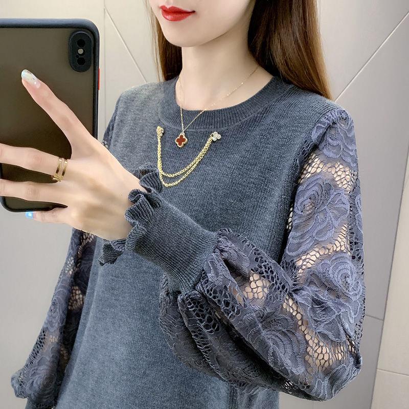 春装新款女装圆领套头毛线衣女士针织线衫宽松蕾丝网纱上装潮品质