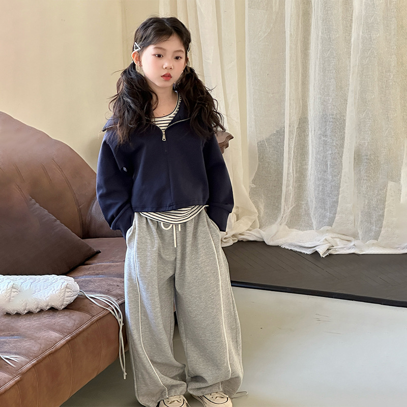 女童韩系条纹卫衣套装春秋款2025新款中大童小女孩休闲卫裤三件套