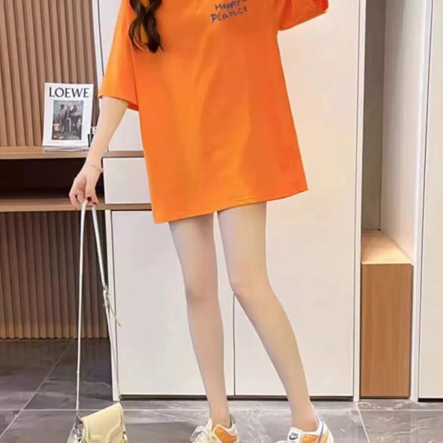 夏季女士纯棉中长款t恤短袖韩版宽松百搭设 计感减龄洋气上衣体恤