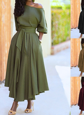 Women's Tie ash waist solid color dress 绑带收腰纯色连衣裙女