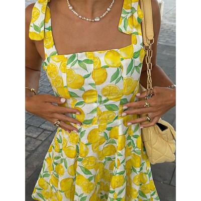 Printed lace up jumpsuit short skirt女士印花系带无袖连衣短裙