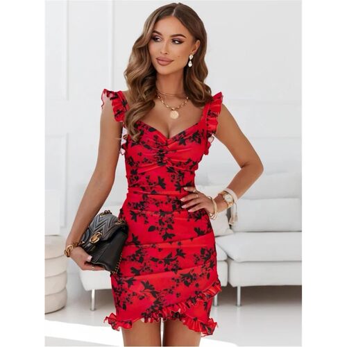 欧美荷叶边无袖V领收腰连衣裙