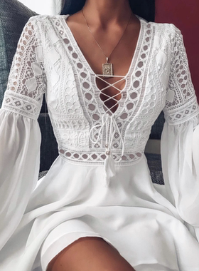 women's chiffon slim V neck ruffle skirt  雪纺修身荷叶边裙女