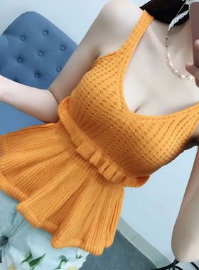 Sleeveless waist cinched camisole top 纯色无袖收腰吊带上衣女