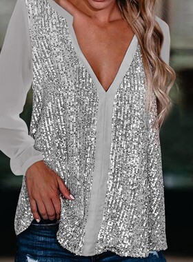 Casual sequined V-neck long sleeve loose pullover 亮片衬衫女