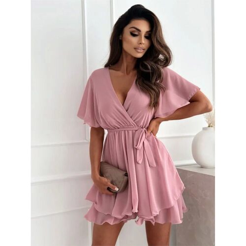 V领荷叶边绑带短袖收腰连衣裙