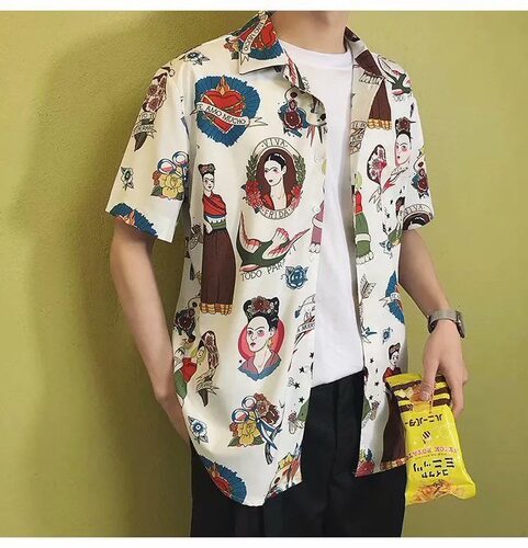 printed white pink shirts men korean casual vacation shirt