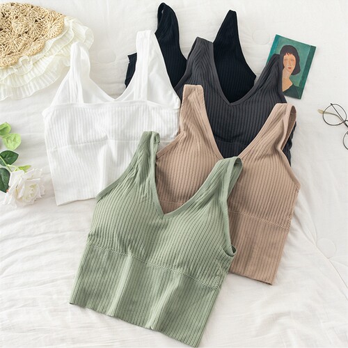 Women's Mid Length Threaded V Neck Bottom Wrap Tank Top 背心