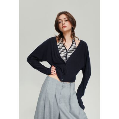 JOHNNYWU 小众天丝羊毛假两件条纹拼接针织V领开衫外套