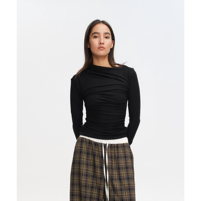 斜领褶皱美式复古长袖JOHNNYWU