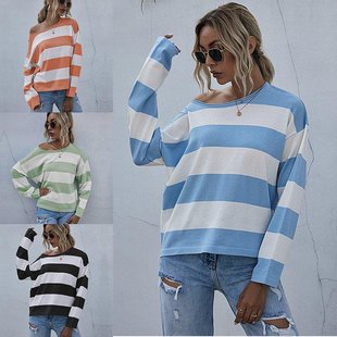 2021 striped loose round neck longsleeve knittedsweaterwomen