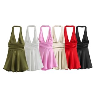 Female solid color V-neck halter neck dress纯色V领挂领连衣裙
