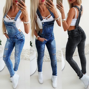 Sexy Skinny Denim Ripped Jumpsuit 性感紧身牛仔手工磨破连身裤