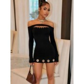 sleeved Hollow dress镂空一字肩连衣裙女 shoulder long out one