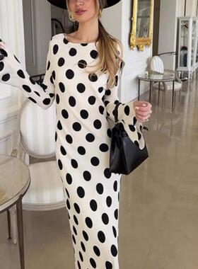 Round neck polka dot printed long skir women圆领波点印花长裙