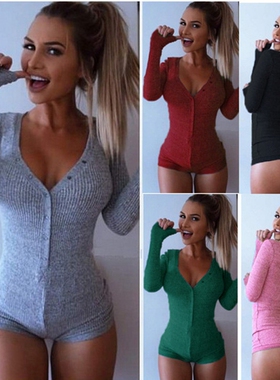 Deep V-Neck Button Ribbed Long Sleeve Bodysuit  深 V连体衣