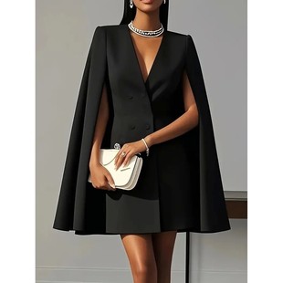 Double breasted shawl cape dress women双排扣披肩斗篷连衣裙女