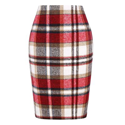 High waist tight plaid midi skirt   女士高腰紧身格子中长款裙
