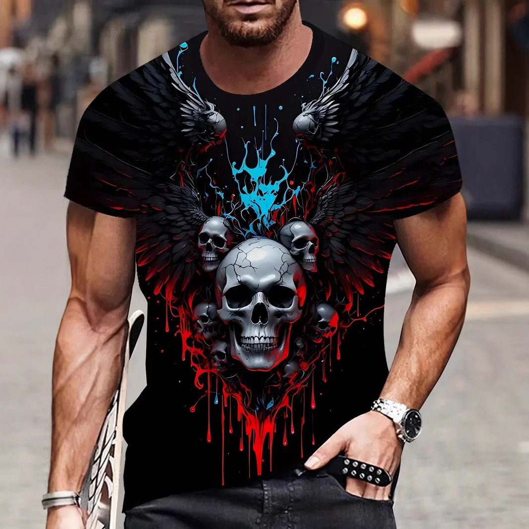 男3D数码印花骷髅头短袖T恤潮流个性圆领上衣 Men's short sleeve - 实物图