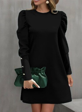 Solid Color Round Neck Bubble Dress Women 纯色圆领泡泡连衣裙