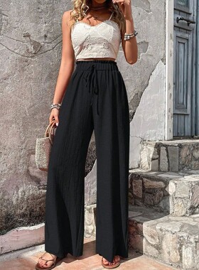 泡泡格松紧腰阔腿裤女Bubble Grid Elastic Waist Wide Leg Pants