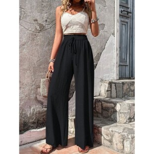 泡泡格松紧腰阔腿裤女Bubble Grid Elastic Waist Wide Leg Pants