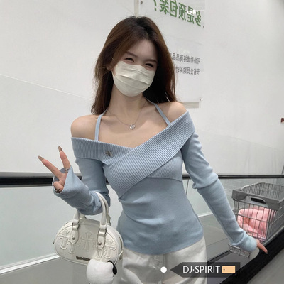 法式修身内搭灰色不规则交叉露肩针织衫女秋冬短款高级感打底毛衣