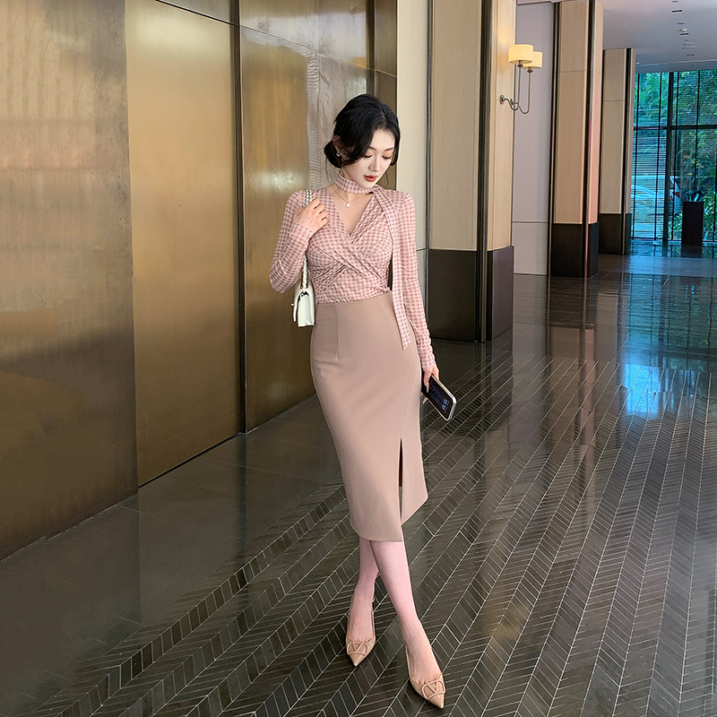 林关关千鸟格v领上衣修身