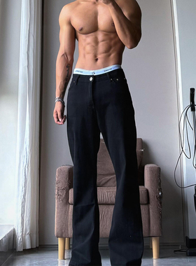 美式高街黑色弯刀微喇健身牛仔裤男潮牌长裤直筒修身显瘦高级感